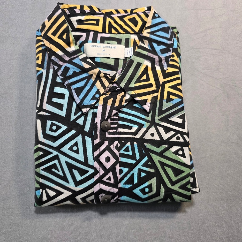 Ocean Current Mens‎ Short Sleeve Button Up Shirt Geometric Tribal Print Multi M